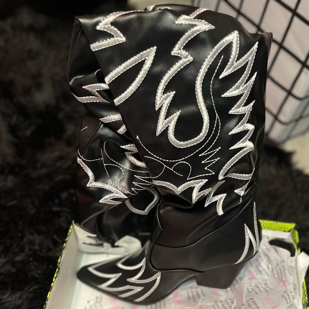 Black & White Leather Knee High Boots